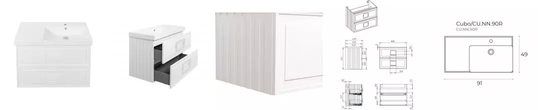 Тумба с раковиной «La Fenice» Cubo Twin 90 (Cubo 90 правая) подвесная Bianco ручки Bianco