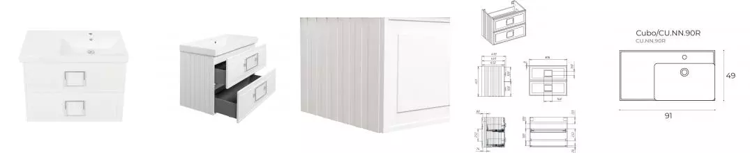Тумба с раковиной «La Fenice» Cubo Twin 90 (Cubo 90 правая) подвесная Bianco ручки Cromo