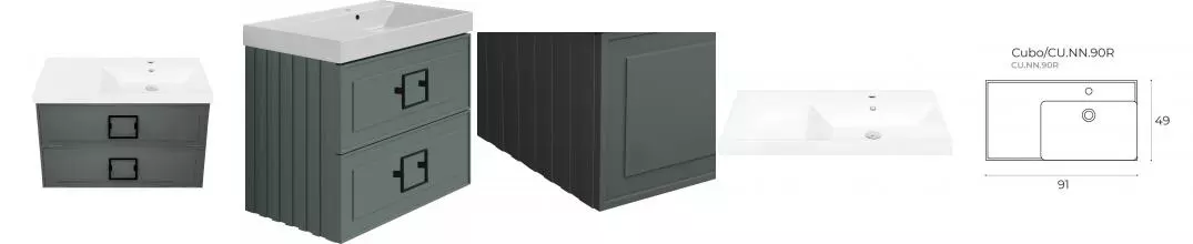 Тумба с раковиной «La Fenice» Cubo Twin 90 (Cubo 90 правая) подвесная Grigio ручки Nero