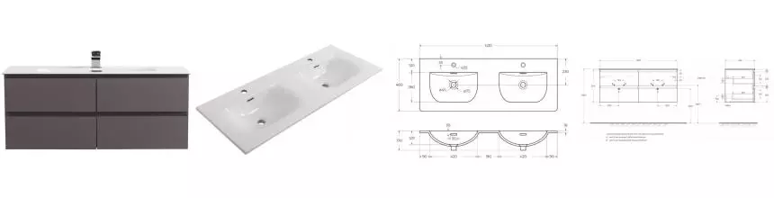 Тумба с раковиной «Belbagno» Kraft 120 с 4-мя ящиками (BB-8099-120-2 121/46 двойная) подвесная тёмно-серая матовая
