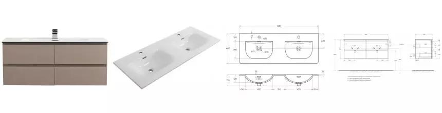 Тумба с раковиной «Belbagno» Kraft 120 с 4-мя ящиками (BB-8099-120-2 121/46 двойная) подвесная бежевая матовая