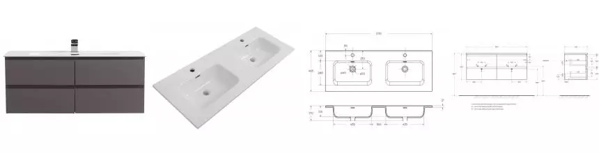 Тумба с раковиной «Belbagno» Kraft 120 с 4-мя ящиками (BB1200-2-ETL двойная) подвесная тёмно-серая матовая