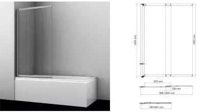 Шторка на ванну стеклянная «WasserKRAFT» Tauber 64S02-100 прозрачная/никель универсальная