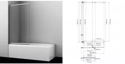Шторка на ванну стеклянная «WasserKRAFT» Tauber 64S02-80 прозрачная/никель универсальная