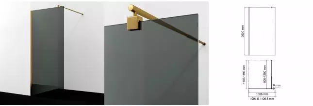 Душевая перегородка «WasserKRAFT» Rur 30W46BG-TG 110/200 тонированная/матовое золото без поддона универсальная Душевая перегородка «WasserKRAFT» Rur 30W46BG-TG 110/200 тонированная/матовое золото без поддона универсальная