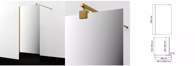 Душевая перегородка «WasserKRAFT» Rur 30W44BG-MR 100/200 зеркальная/матовое золото без поддона универсальная