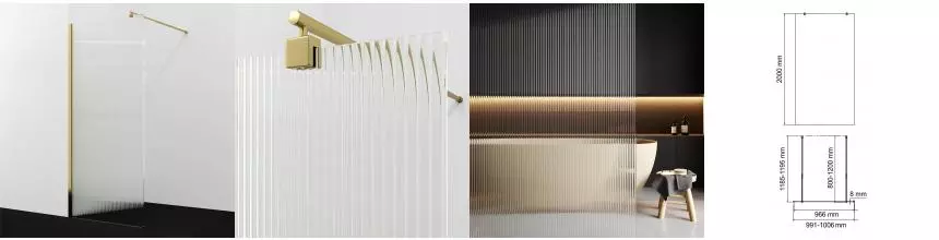 Душевая перегородка «WasserKRAFT» Rur 30W44PG-FL 100/200 рифленая/золото универсальная