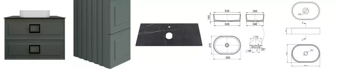 Тумба с раковиной «La Fenice» Cubo Twin 100 (Senso 55/37) подвесная Grigio с ручкой Nero 