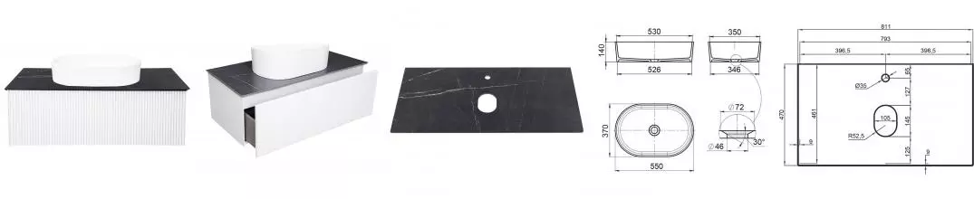 Тумба с раковиной «La Fenice» Terra 80 (Senso 55/37) подвесная Bianca столешница Granite Black Olive Light Lappato