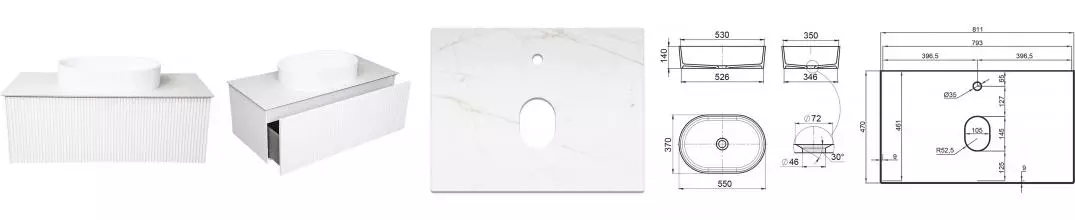 Тумба с раковиной «La Fenice» Terra 80 (Senso 55/37) подвесная Bianca столешница Granite Gray Structural