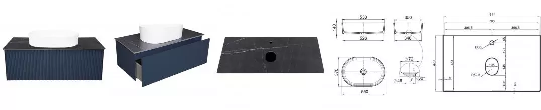 Тумба с раковиной «La Fenice» Terra 80 (Senso 55/37) подвесная Blu Grigio столешница Granite Black Olive Light Lappato