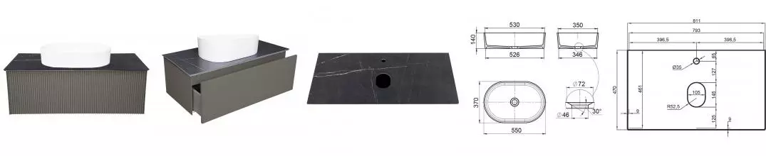 Тумба с раковиной «La Fenice» Terra 80 (Senso 55/37) подвесная Cappuccino столешница Granite Black Olive Light Lappato
