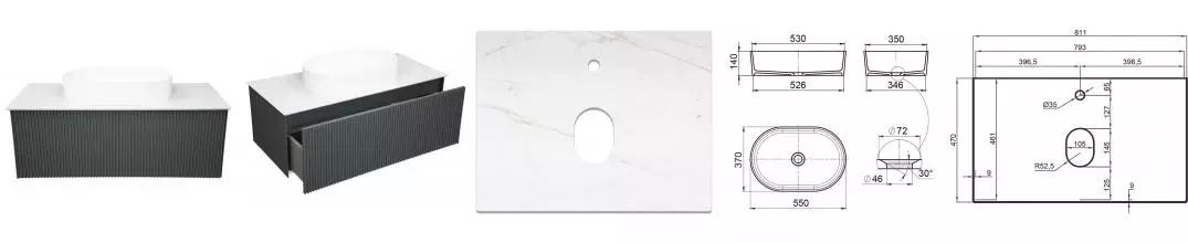 Тумба с раковиной «La Fenice» Terra 80 (Senso 55/37) подвесная Grigio столешница Granite Gray Structural