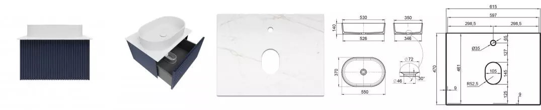 Тумба с раковиной «La Fenice» Terra 60 (Senso 55/37) подвесная Blu Grigio столешница Granite Gray Structural