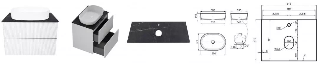 Тумба с раковиной «La Fenice» Terra Twin 60 (Senso 55/37) подвесная Bianco столешница Granite Black Olive Light Lappato