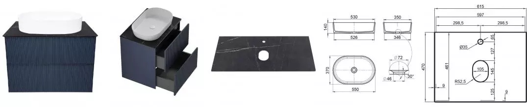 Тумба с раковиной «La Fenice» Terra Twin 60 (Senso 55/37) подвесная Blu Grigio столешница Granite Black Olive Light Lappato