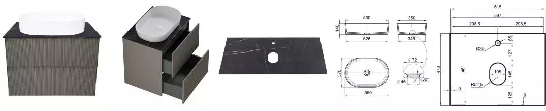 Тумба с раковиной «La Fenice» Terra Twin 60 (Senso 55/37) подвесная Cappuccino столешница Granite Black Olive Light Lappato