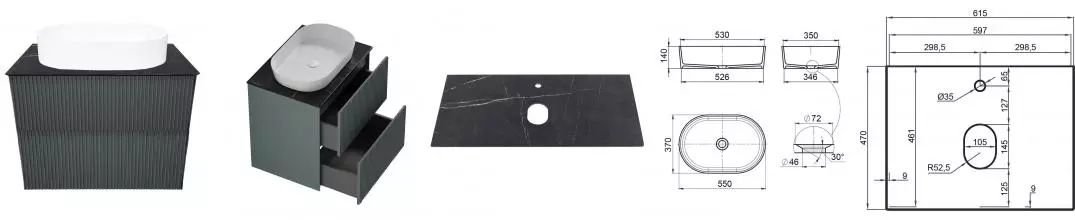 Тумба с раковиной «La Fenice» Terra Twin 60 (Senso 55/37) подвесная Grigio столешница Granite Black Olive Light Lappato