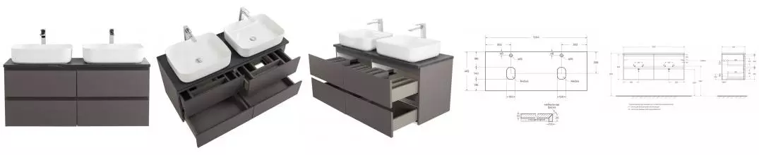 Тумба с раковиной «Belbagno» Kraft 120 с 4-мя ящиками (50/39) столешница KEP-120-2-MNO с 2-мя отверстиями 120/47 чёрный матовый мрамор подвесная тёмно-серая матовая
