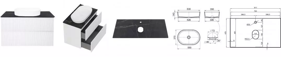 Тумба с раковиной «La Fenice» Terra Twin 80 (Senso 55/37) подвесная Bianco столешница Granite Black Olive Light Lappato
