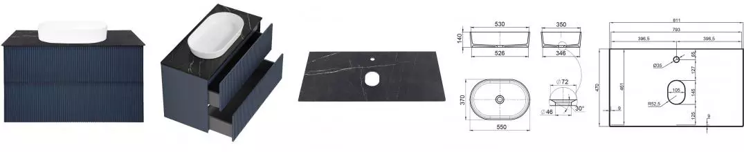 Тумба с раковиной «La Fenice» Terra Twin 80 (Senso 55/37) подвесная Blu Grigio столешница Granite Black Olive Light Lappato