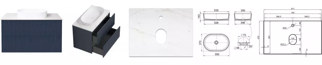 Тумба с раковиной «La Fenice» Terra Twin 80 (Senso 55/37) подвесная Blu Grigio столешница Granite Gray Structural