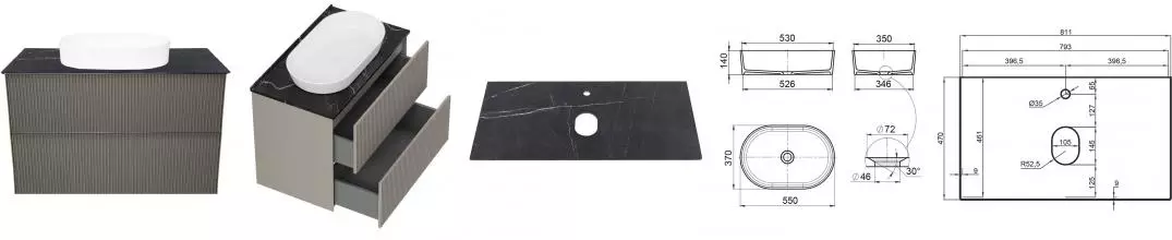 Тумба с раковиной «La Fenice» Terra Twin 80 (Senso 55/37) подвесная Cappuccino столешница Granite Black Olive Light Lappato
