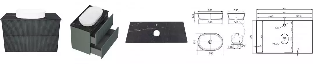 Тумба с раковиной «La Fenice» Terra Twin 80 (Senso 55/37) подвесная Grigio столешница Granite Black Olive Light Lappato