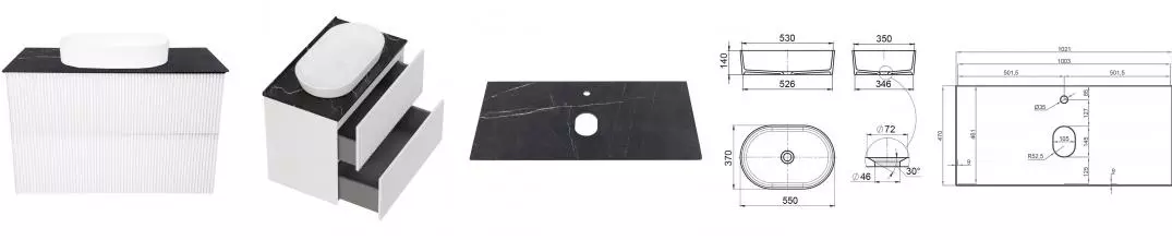 Тумба с раковиной «La Fenice» Terra Twin 100 (Senso 55/37) подвесная Bianco столешница Granite Black Olive Light Lappato
