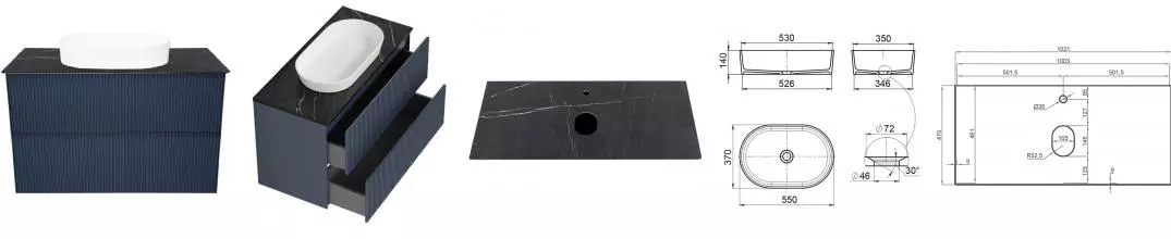 Тумба с раковиной «La Fenice» Terra Twin 100 (Senso 55/37) подвесная Blu Grigio столешница Granite Black Olive Light Lappato