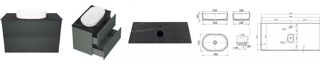 Тумба с раковиной «La Fenice» Terra Twin 100 (Senso 55/37) подвесная Grigio столешница Granite Black Olive Light Lappato
