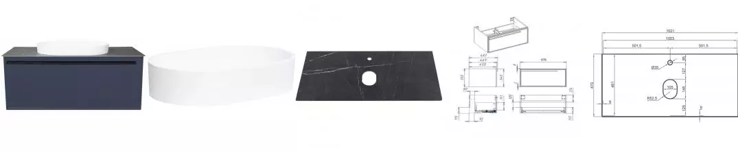 Тумба с раковиной «La Fenice» Elba 100 (Senso 55/37) подвесная Blu Grigio столешница Black Olive Light Lappato