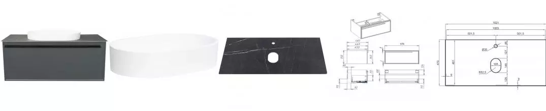 Тумба с раковиной «La Fenice» Elba 100 (Senso 55/37) подвесная Grigio столешница Black Olive Light Lappato