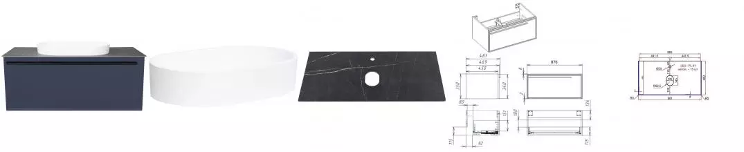 Тумба с раковиной «La Fenice» Elba 90 (Senso 55/37) подвесная Blu Grigio столешница Black Olive Light Lappato