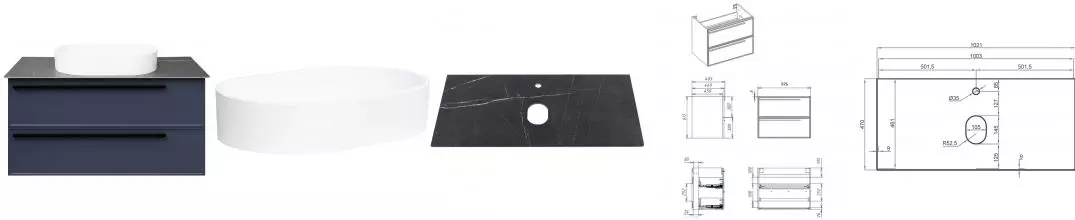 Тумба с раковиной «La Fenice» Elba Twin 100 (Senso 55/37) подвесная Blu Grigio столешница Black Olive Light Lappato