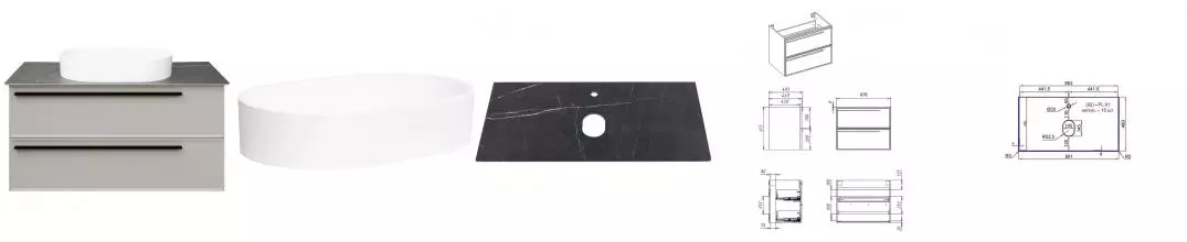 Тумба с раковиной «La Fenice» Elba Twin 90 (Senso 55/37) подвесная Bianco столешница Black Olive Light Lappato