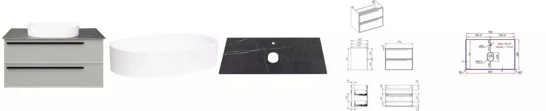 Тумба с раковиной «La Fenice» Elba Twin 80 (Senso 55/37) подвесная Bianco столешница Black Olive Light Lappato