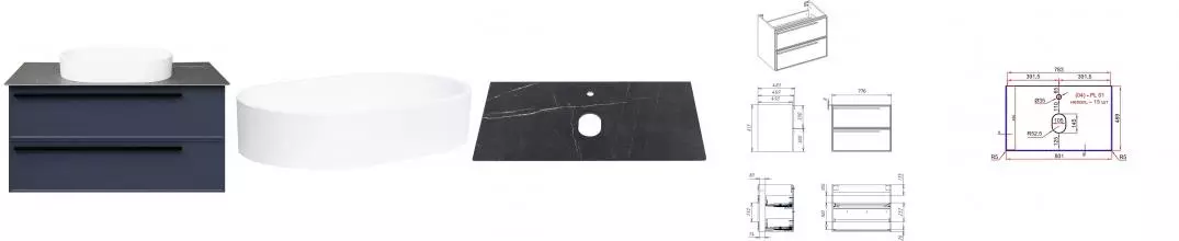 Тумба с раковиной «La Fenice» Elba Twin 80 (Senso 55/37) подвесная Blu Grigio столешница Black Olive Light Lappato