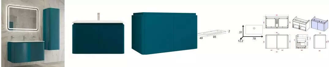 Мебель для ванной подвесная «Cezares» Stylus 94 с 4 ящиками (2 скрытых) Blu Petrolio