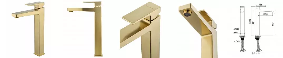 Смеситель для раковины «Wonzon & Woghand» Cube 2.0 WW-88019068-BG брашированное золото