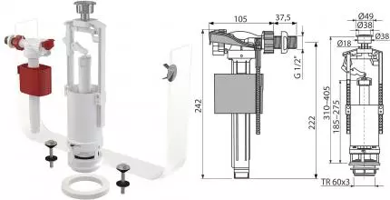 Комплект арматуры для бачка унитаза «AlcaPlast» SA2000K 1/2" Chrom со стоп  кнопкой,с боковой подводкой