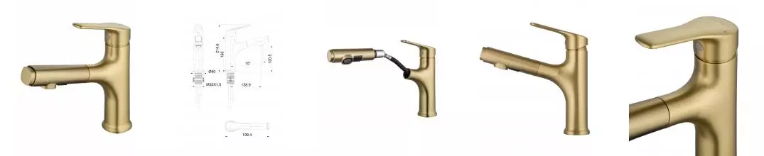 Смеситель для раковины с выдвижным изливом WONZON & WOGHAND, Брашированное золото (WW-AE4151-BG) · без серии, Wonzon & Woghand, WW-AE4151-BG