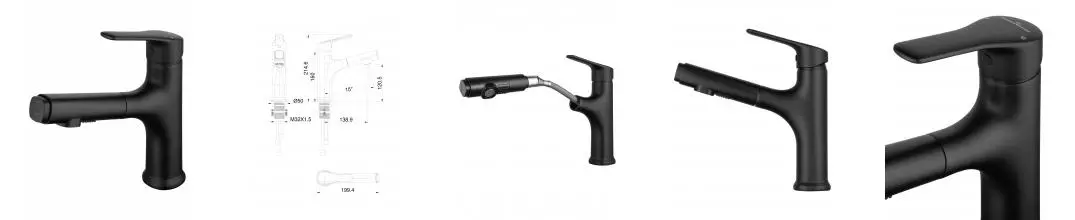 Смеситель для раковины с выдвижным изливом WONZON & WOGHAND, Чёрный матовый (WW-AE4151-MB) · без серии, Wonzon & Woghand, WW-AE4151-MB