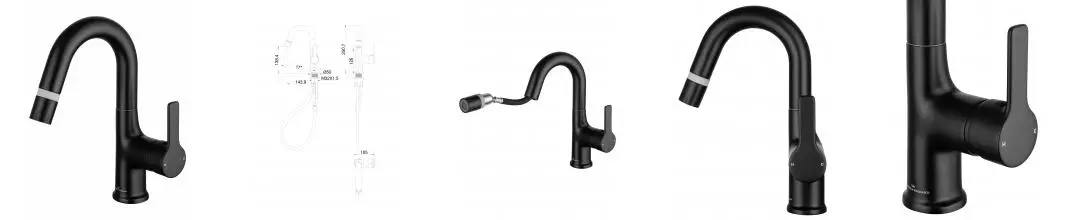 Смеситель для раковины с выдвижным изливом WONZON & WOGHAND, Чёрный матовый (WW-FE01L212-MB) · без серии, Wonzon & Woghand, WW-FE01L212-MB