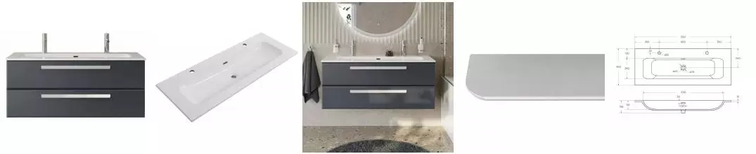 Тумба с раковиной «Cezares» Eco-cer-n 120 (CZR-8073-120-1-2 с двумя отверстиями под смеситель) подвесная Grafito/ручка сатин
