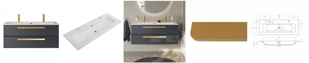 Тумба с раковиной «Cezares» Eco-cer-n 120 (CZR-8073-120-1-2 с двумя отверстиями под смеситель) подвесная Grafito/ручка сатиновое золото