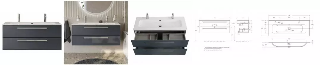 Тумба с раковиной «Cezares» Eco-cer-n 120 (CZR-8073-120-1-2 с двумя отверстиями под смеситель) подвесная Grafito/ручка серая Тумба с раковиной «Cezares» Eco-cer-n 120 (CZR-8073-120-1-2 с двумя отверстиями под смеситель) подвесная Grafito/ручка серая