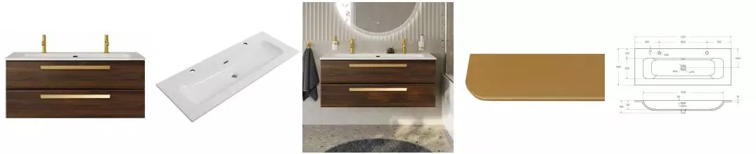 Тумба с раковиной «Cezares» Eco-cer-n 120 (CZR-8073-120-1-2 с двумя отверстиями под смеситель) подвесная Орех шоколад Софт/ручка сатиновое золото