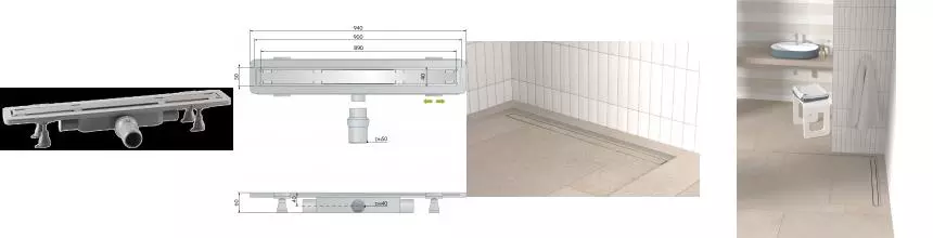 Дренажный канал Renova Unseen 90 см, решётка под плитку, гидрозатвор, ABS, горизонтальный выход, шт 5953.305.8 · Remer, 5953.305.8