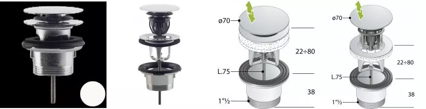 Слив для ванны click-clack 1”1/2 OMP Tea Clicker 8334.060.6.XD, белый матовый, шт 8334.060.6.XD · Remer, 8334.060.6.XD